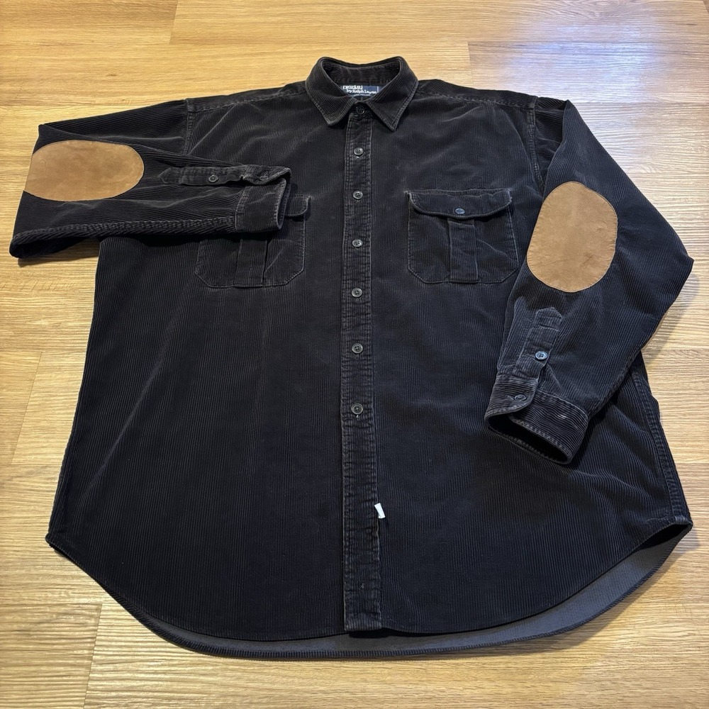 VTG Polo Ralph Lauren Corduroy Shirt Mens XL Black Suede Elbow Patch Button 90s